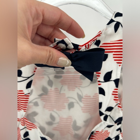 Janie and Jack Red White Blue Floral Stripe  Print Peplum Top Open Back Bow 5 - Picture 3 of 7